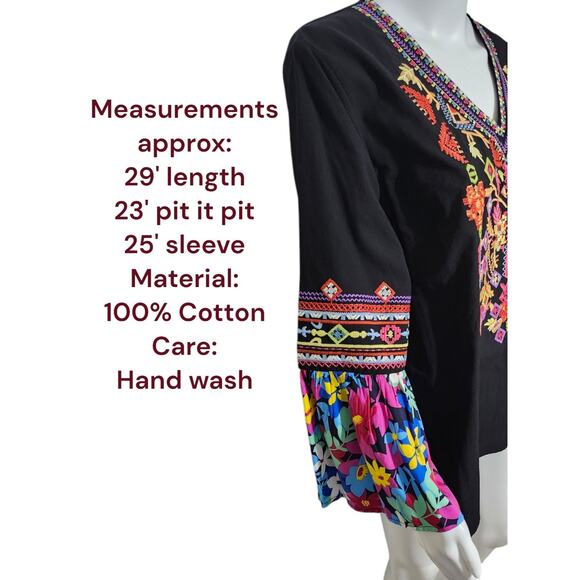 Calessa Womens Black Embroidered Bell Sleeve V-Neck‎ Peasant Tunic Top Size L - Picture 2 of 11